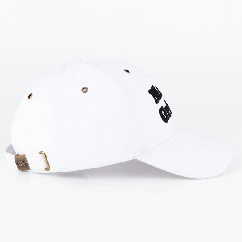 White curved peak cap. 100% cotton.