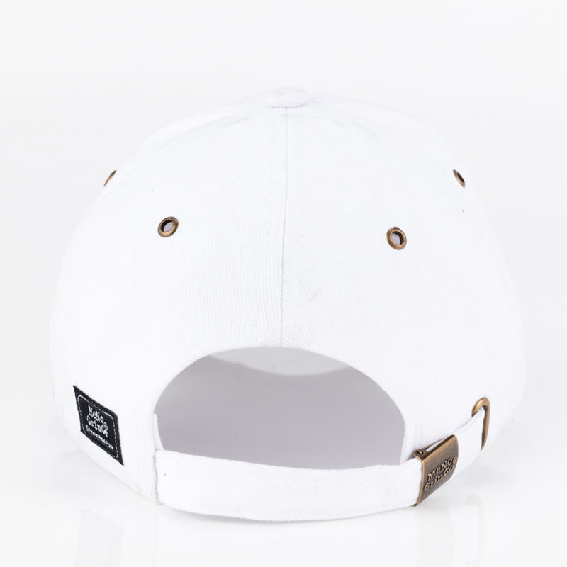 White curved peak cap. 100% cotton.