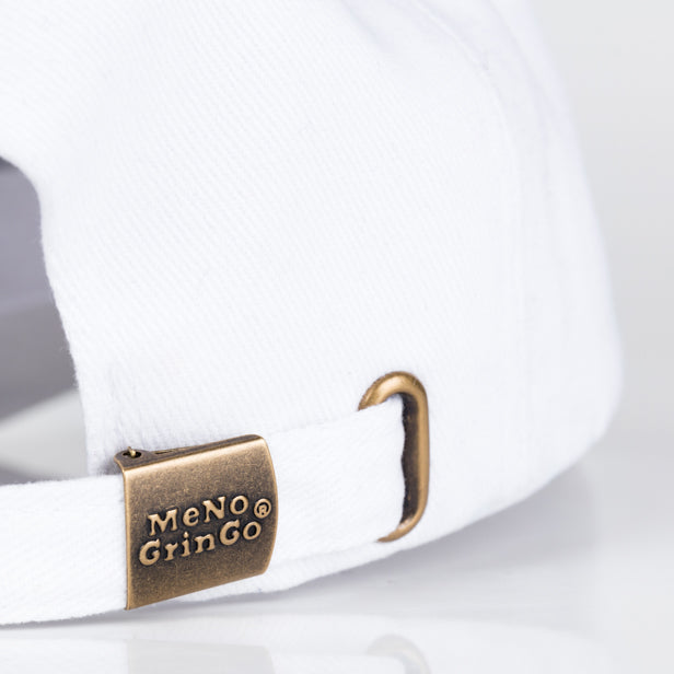 White curved peak cap. 100% cotton.